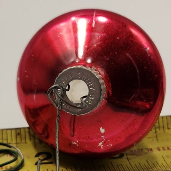 Vintage Shiny Brite Red Green and White Flocked Top Shaped Glass Ornament - Picture 4 of 5